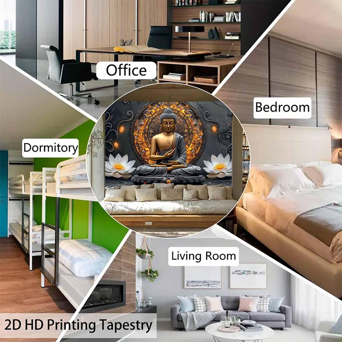 Sitting Golden Buddha Tapestry Wall Hanging Buddhist Statue Tapestries White Lotus Meditation Wall Decor Zen Art Psychedelic Indian Wall Blanket for Bedroom Living Room Home Decor (Grey / 59"L x 39"W)