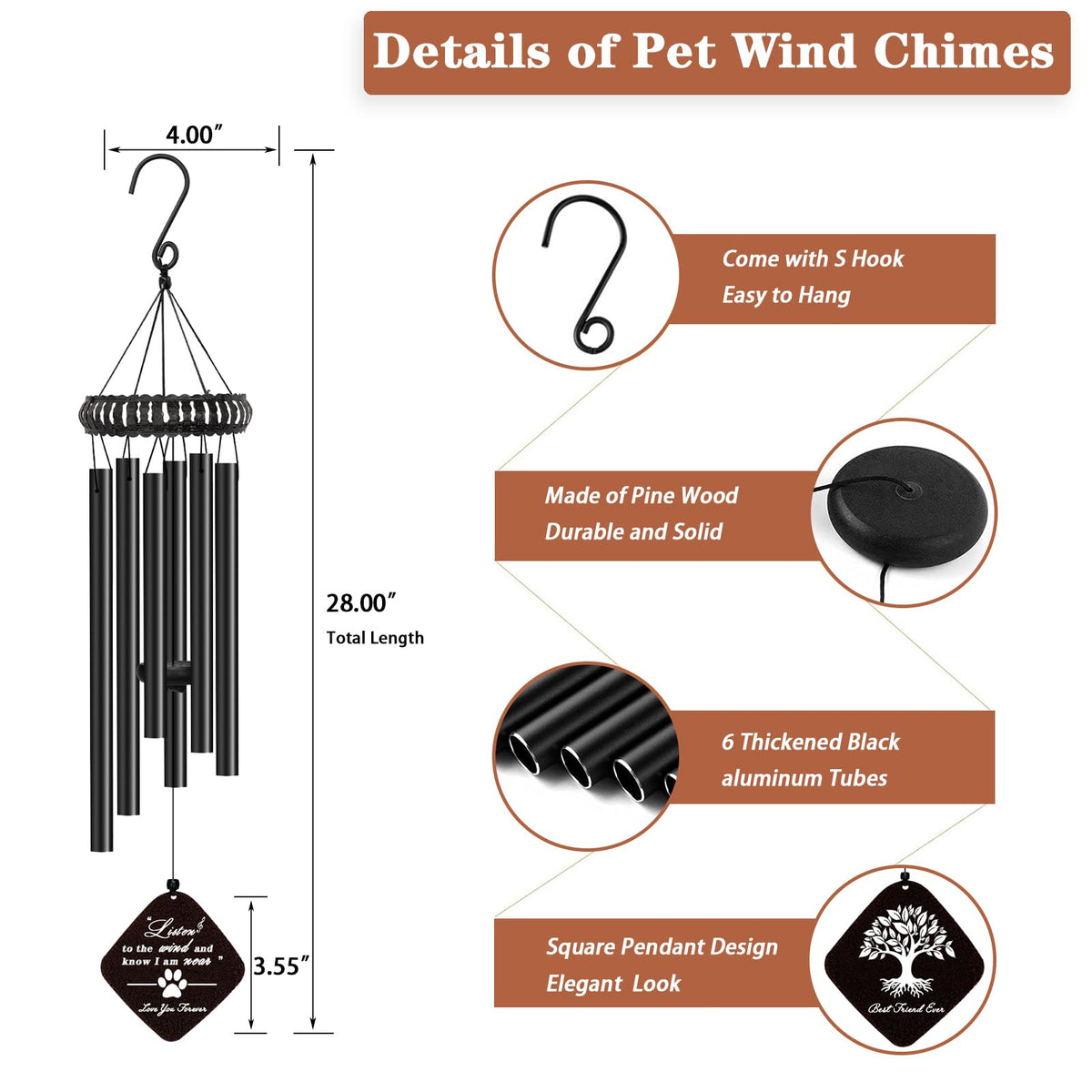 28" Dog Memorial Wind Chime (E-square-black)