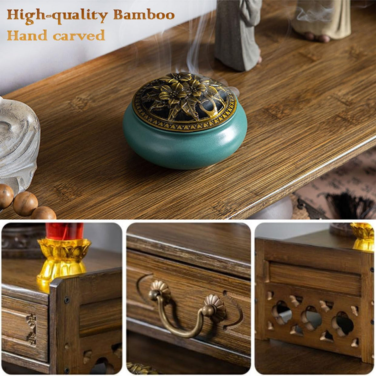 Altar Table with Storage & Drawer Small Meditation Table & Puja Table (Brown-42cm/16.5'')