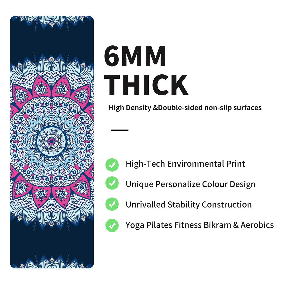 Yoga Mat Print Extra Thick TPE Non Slip Fitness Exercise Mat with Carrying Bag (Bing)