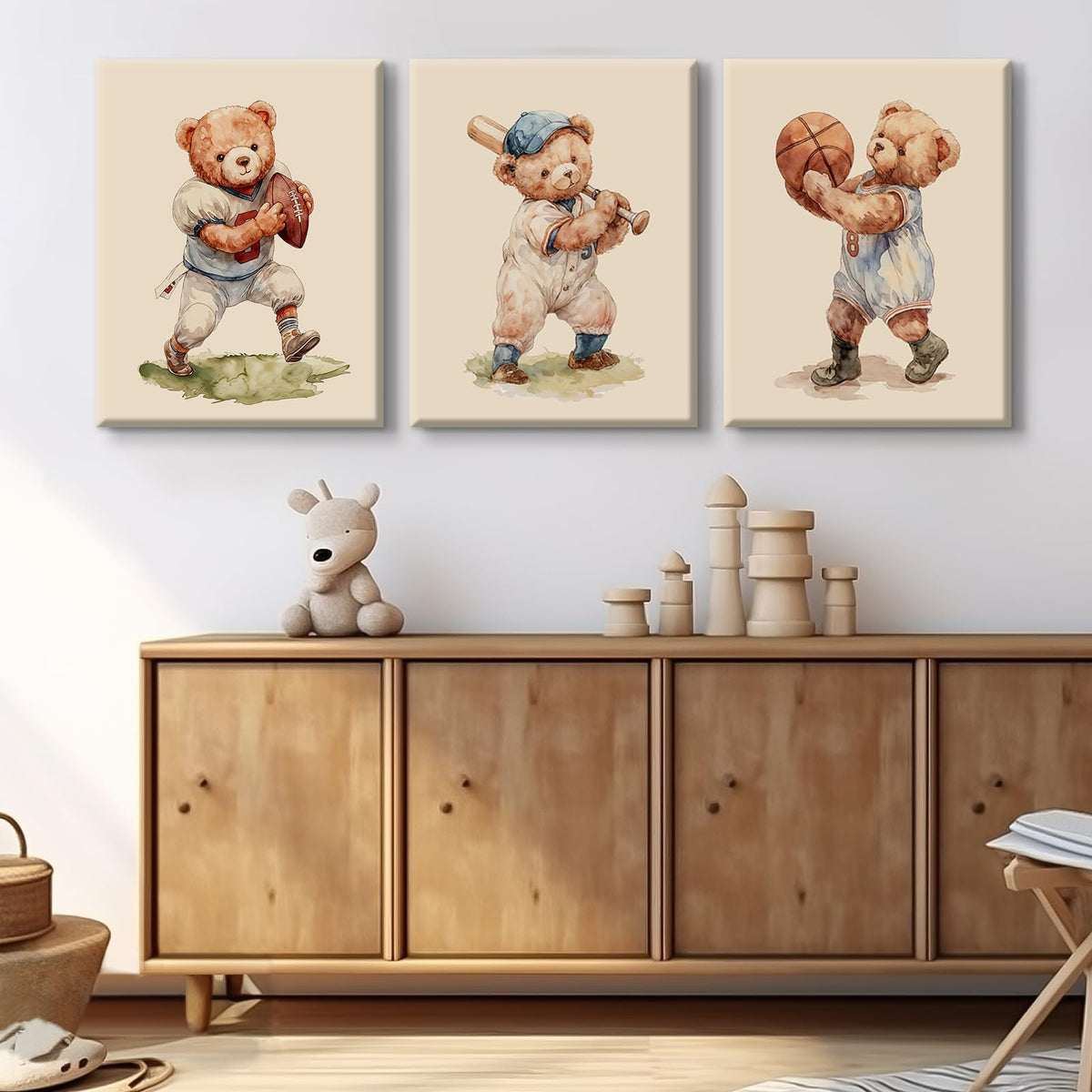 Nursery Teddy Bear Wall Art Decor Boy Vintage Canvas Pictures Nursery Sports Prints Baby Boy Room Decor Kids Animal Poster Bear Artwork for Bedroom Playroom 12x16 Inch Set of 3 Wrapped Canvas (12x16 Inch Wrapped Canvas / Vintage Bear Prints)