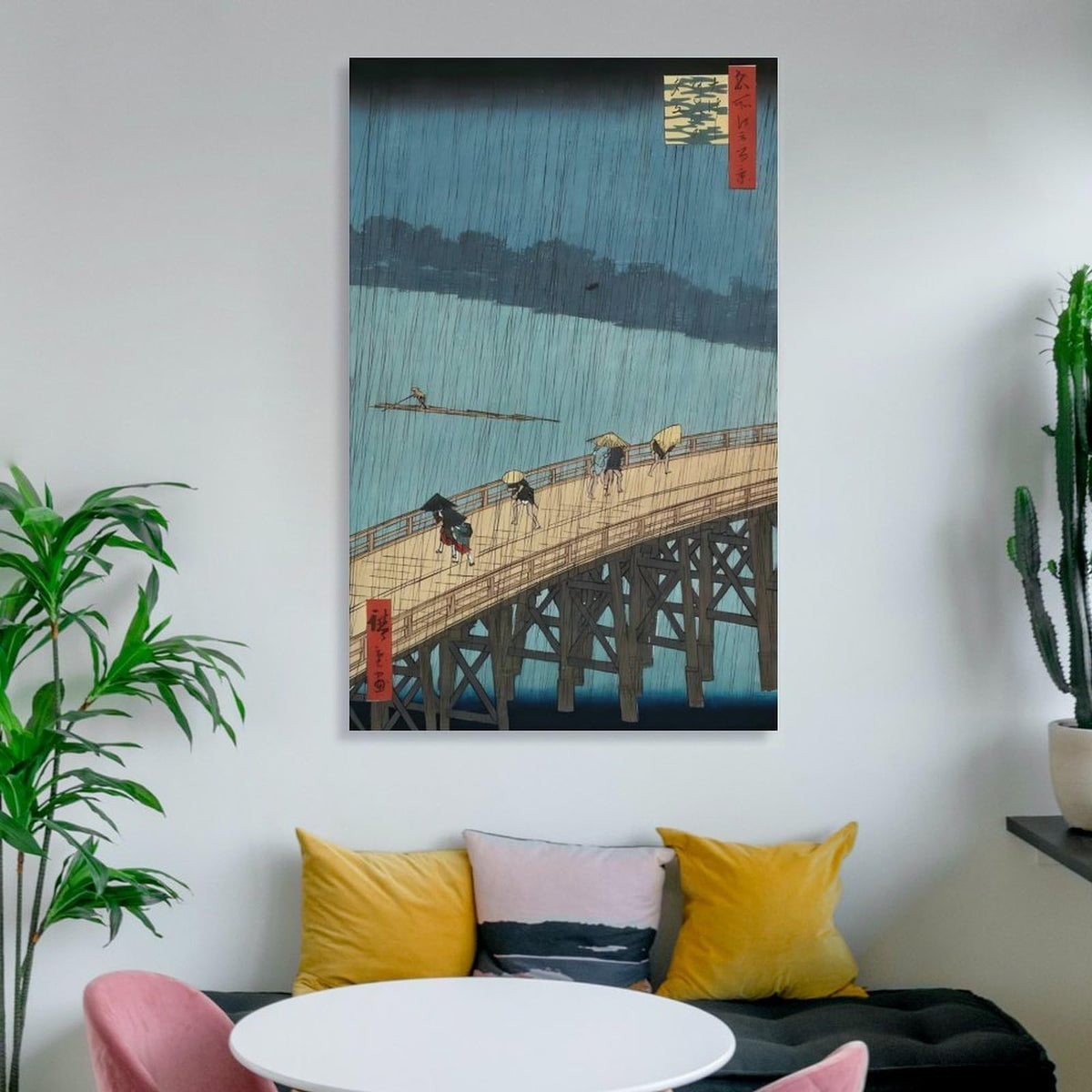 Hiroshige Ohashi Bridge In The Rain Canvas Printing Wall Art Ukiyoe Japanese Landscape Prints Vintage Blue River Bridge Scene Posters Wall Decor For Living Room Bedroom Office 08x12inch (style-9 / 08x12inch(20x30cm) Frame)