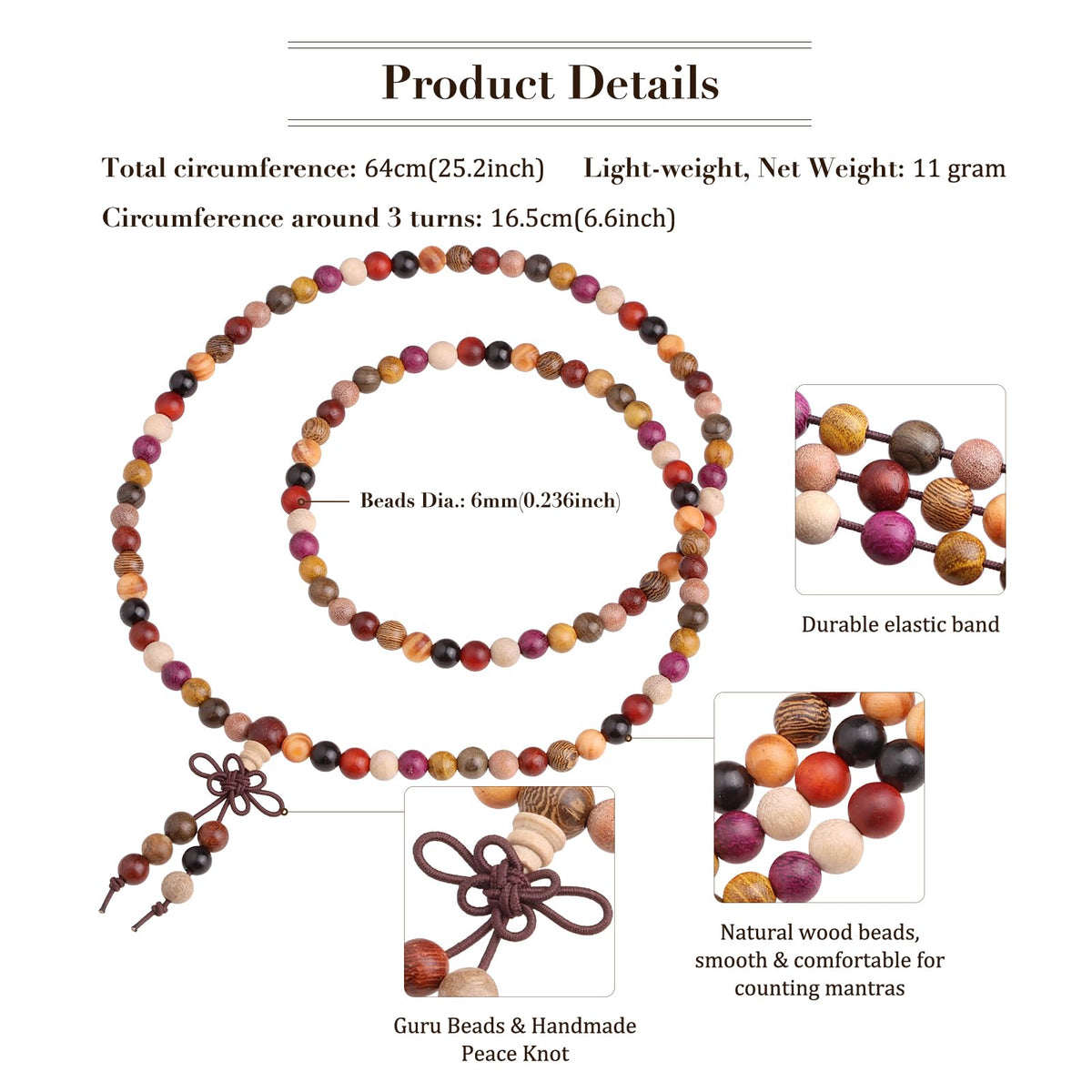 6mm 108 Beads Natural Wood Mala Necklace (Multicolored)