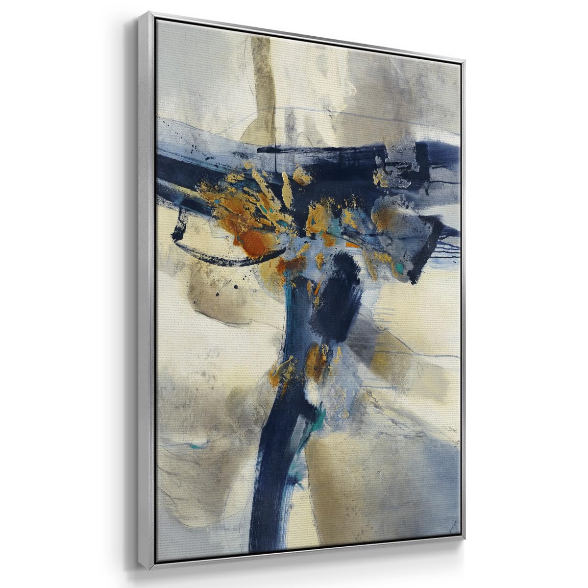 Canvas Wall Art for Home Decor Dark Blue Rustic Paint Brush Strokes Silver Floater Framed Abstract Artwork for Kitchen Hotel Restaurants Walls (41"L x 27"W / Blast)