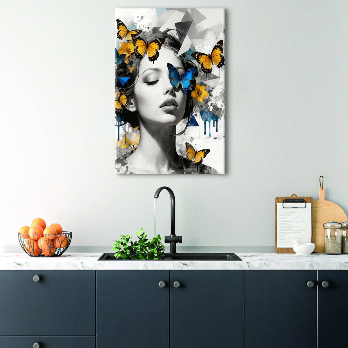 Women Portrait Wall Art Blue Yellow Butterfly Paintings Picture Abstract Black and White Women Wall Decor Aesthetic Minimalist Canvas Prints Artwork for Bedroom Bathroom Spa Home Decorations 16x24" (24"L x 16"W / Women)