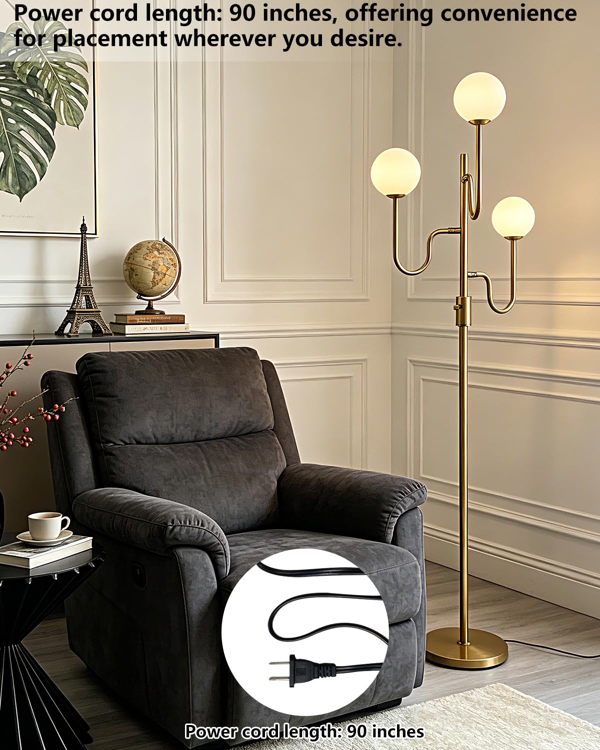 68IN Globe Gold Floor Lamp Dimmable Floor Lamps with 3000K Soft Warm White for Wedding (3 Globe-Gold Arm)
