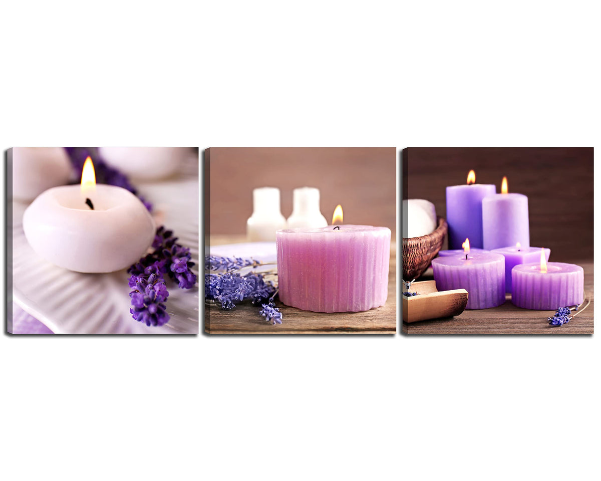 Zen Canvas Wall Art Spa Still Life With Purple Aromatherapy Candles And Zen Stone Aroma Lavender Flower Painting Pictures Print on Canvas Ready to Hang for Bathroom Decoration (16X16inchX3pcs / lavender candles)