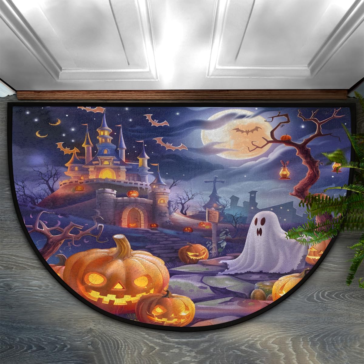 Half Round Door Mat Halloween Pumpkin bat Ghosts Non (F 01)