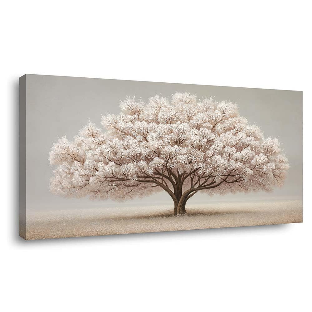 Neutral White Blossom Tree Canvas Wall Art Serene Minimalist Landscape Painting Flat Print Gallery Wrapped Artwork for Living Room Bedroom Bathroom Decor (Retro / Flowering Tree 33 / 58"L x 28"W)