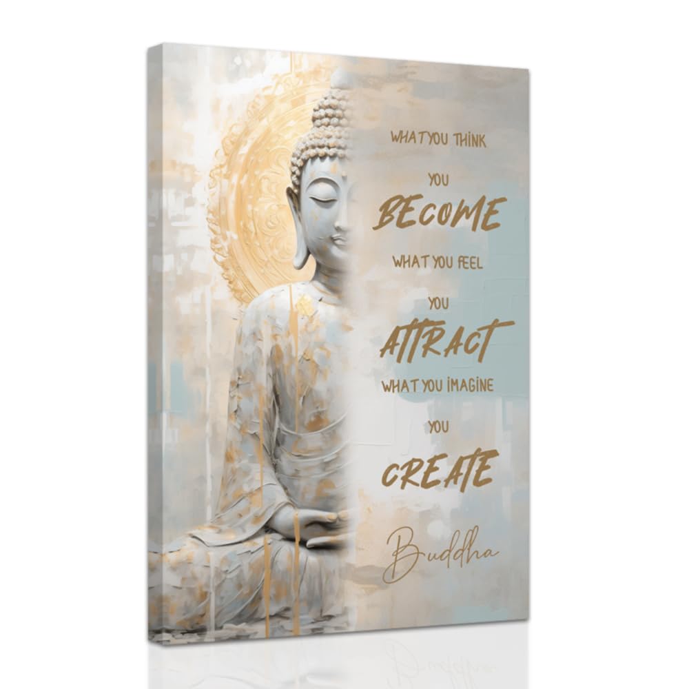 Buddhist Motivational Wall Art Buddha Quotes Canvas Pictures Zen Bathroom Painting Spa Artwork Prints for Yoga Room Office Decor Framed (White / 12" x 18")