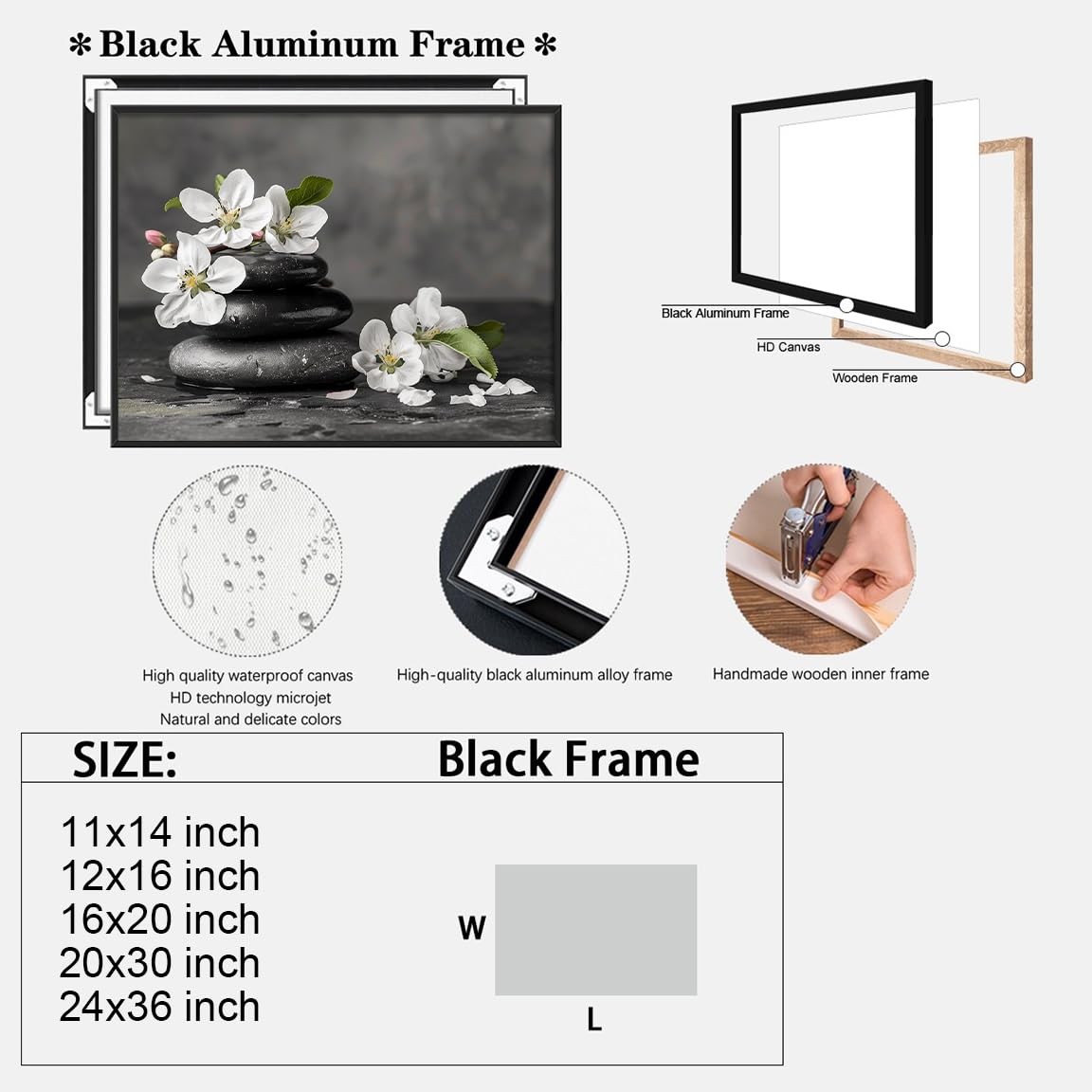 Zen Black Stones and White Flowers Wall Art (Black Aluminum Frame-9 / 20"L x 30"W)