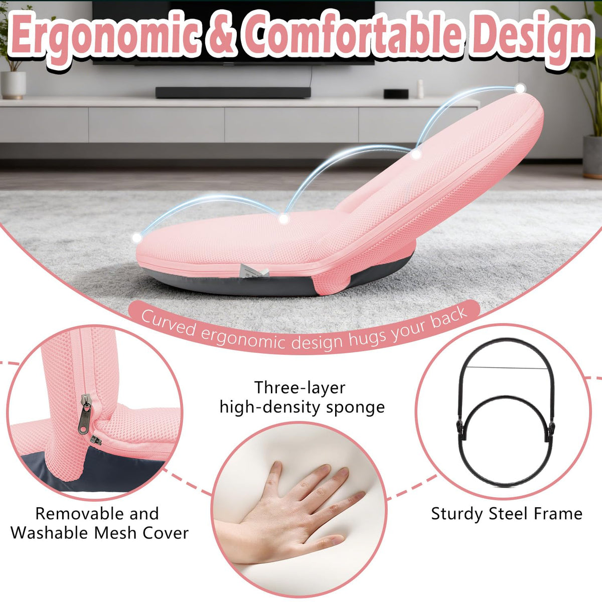Floor Chair Floor Cushion Folding Padded Gaming Chair Adjustable 5 (Pink)