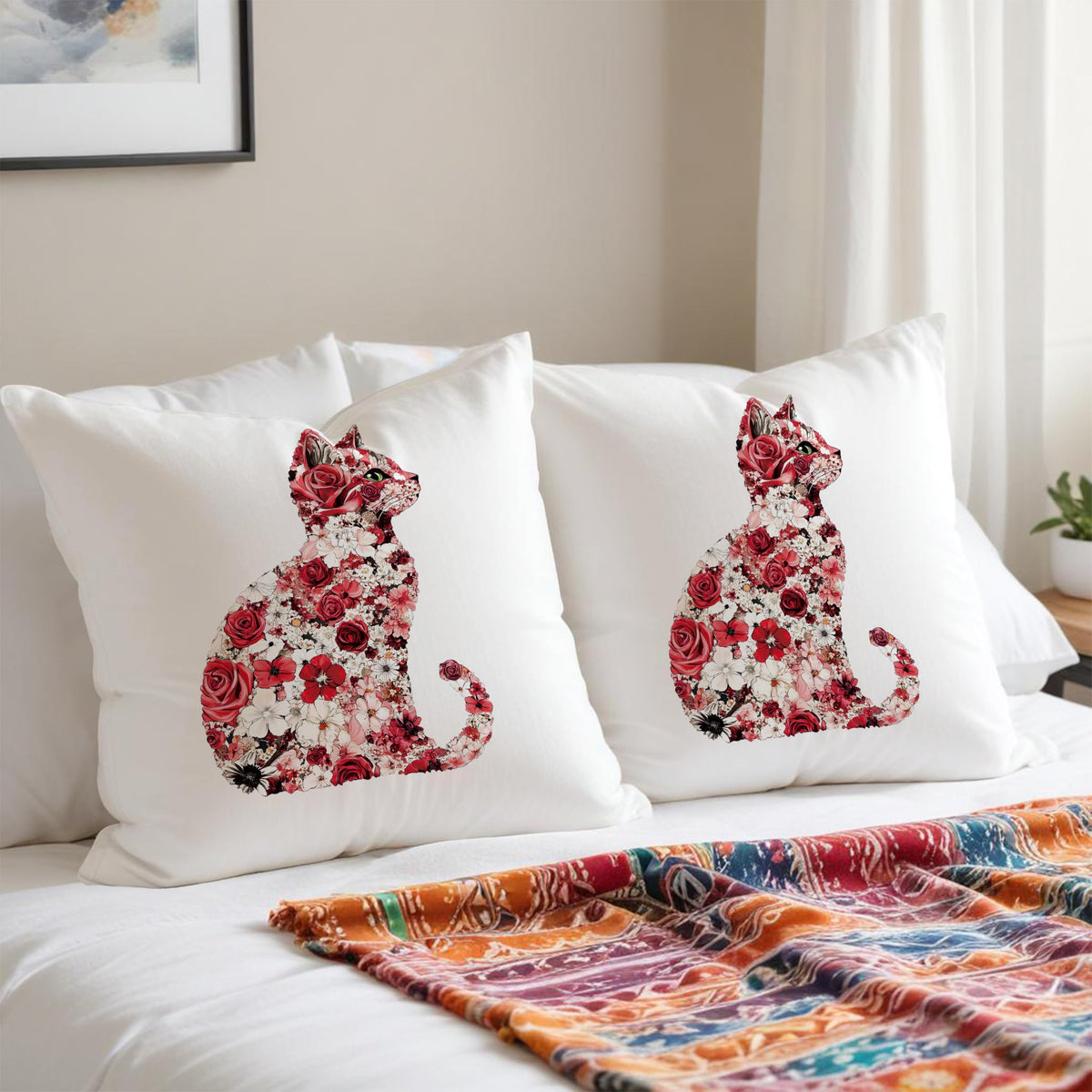 Red and White Floral Cat Pillow Covers 18x18 (Style19)
