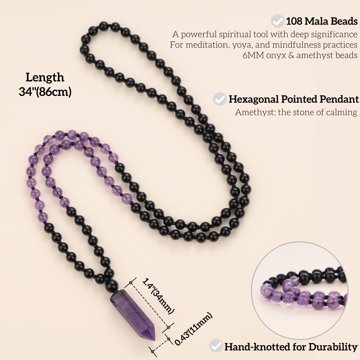 Handmade 108 Beads Mala Necklace for Yoga Meditation (Onyx & Amethyst)