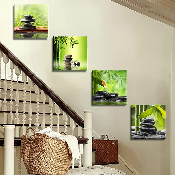 Bathroom Wall Decor Zen Canvas Prints Meditation Picture Painting Green Room Decor Bedroom Wall Art Living Room Yoga Spa Office Artwork Posters Prints Framed Home Decorations12x12x4pcs (Azen green 00 / 12"L x 12"W)