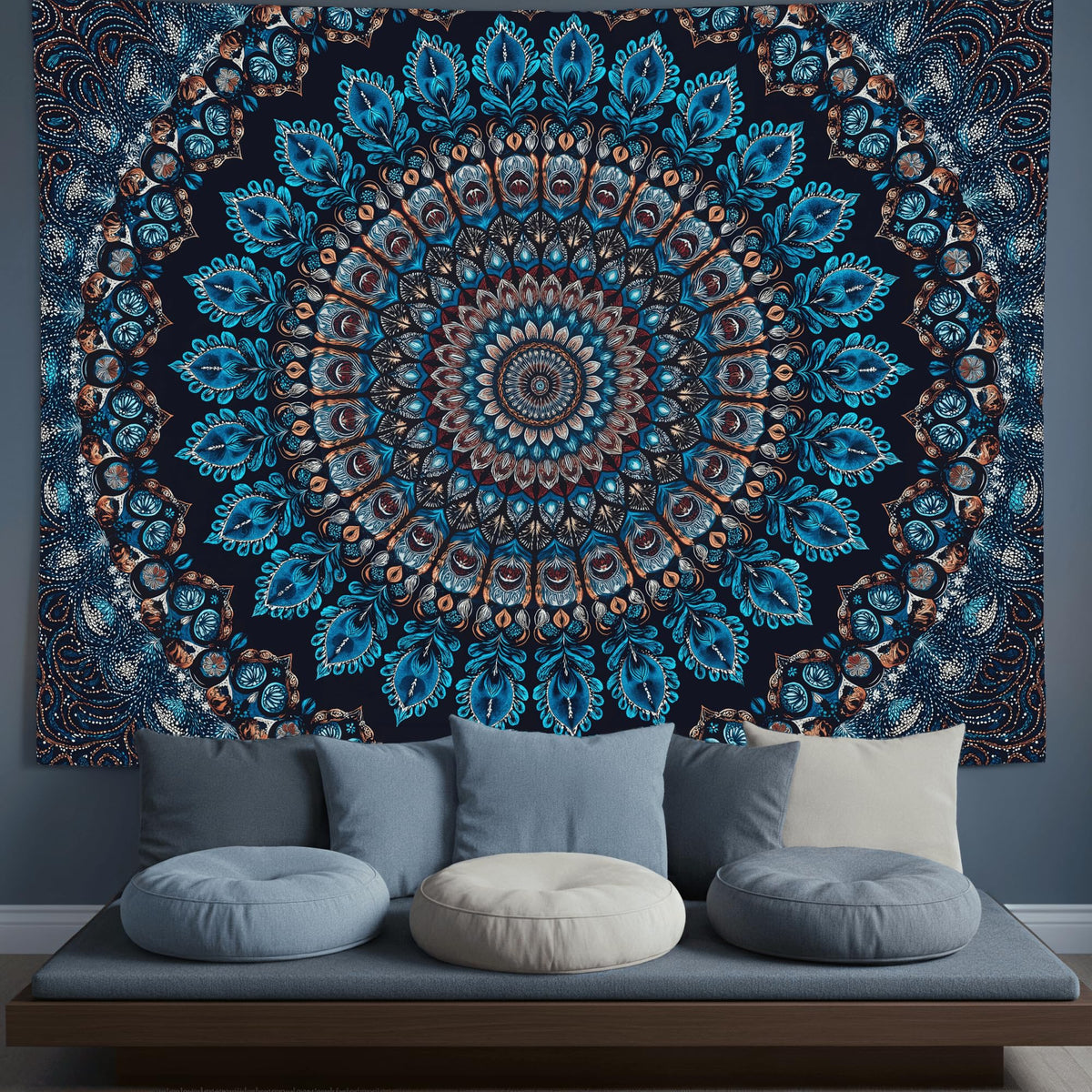 Blue Mandala Tapestry Wall Hanging Vintage Medallion Tapestry Aesthetic Hippie Boho Floral Cool Cute Small Tapestries for Bedroom Living Room Dorm Decor 60 x 44 Inch (Bohemian / Navy Blue / 60"L x 44"W)