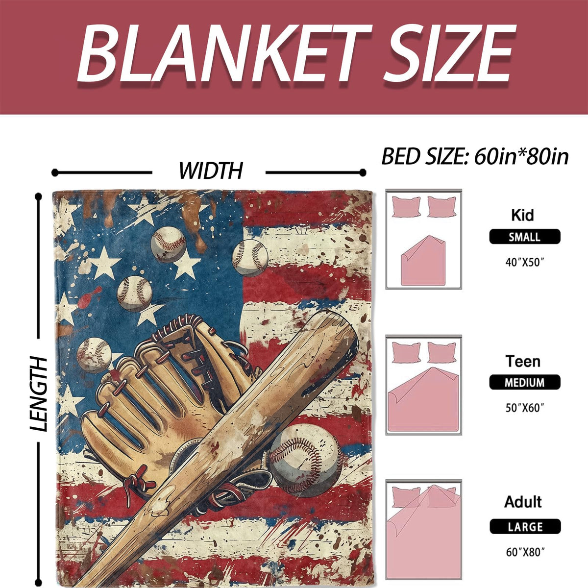 Baseball American Flag Flannel Blanket 40x50in (40x50 Inch / Baseball 01)