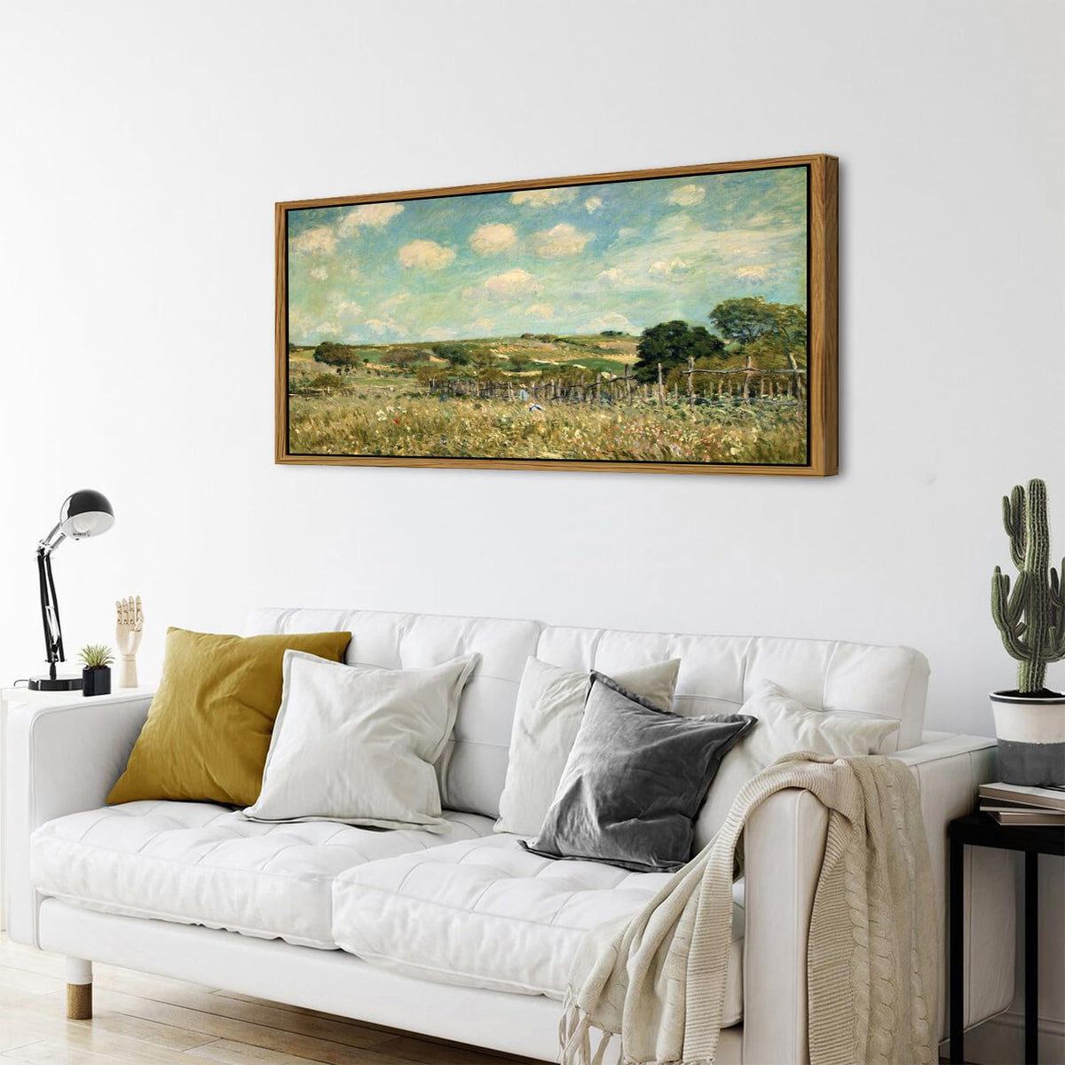 Rustic Grassland Wall Art Canvas Wooden Framed Vintage Green Forest Pictures Wall Decor Countryside Wildflower Landscape Painting Prints Abstract Artwork for Living Room Bedroom Home Decoration 24x48 (24"L x 48"W / Country)
