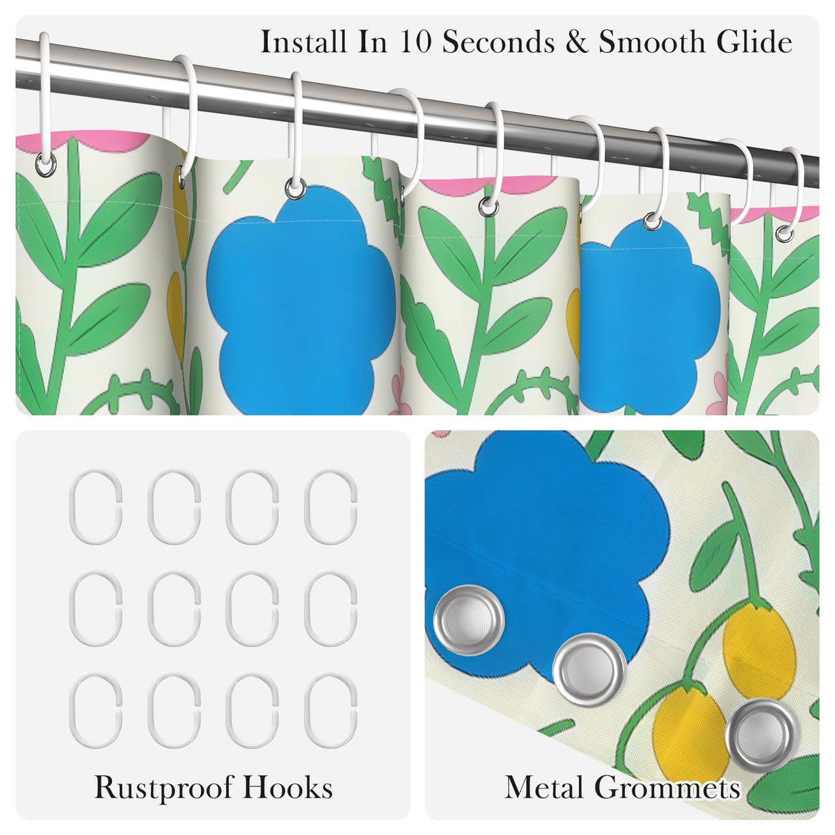 Colorful Floral Shower Curtain with Hooks (Cartoon Flowers)