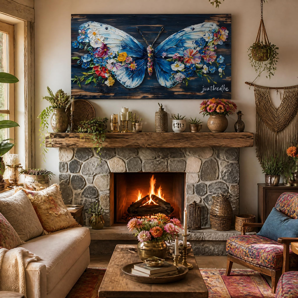 Blue Floral Butterfly Canvas Wall Art Just Breathe Inspirational Quote Painting Print Gallery Wrapped Rustic Wood Artwork for Living Room Bedroom Bathroom Decor (Wildlife / White Butterfly Flowers 4 / 40"L x 20"W)