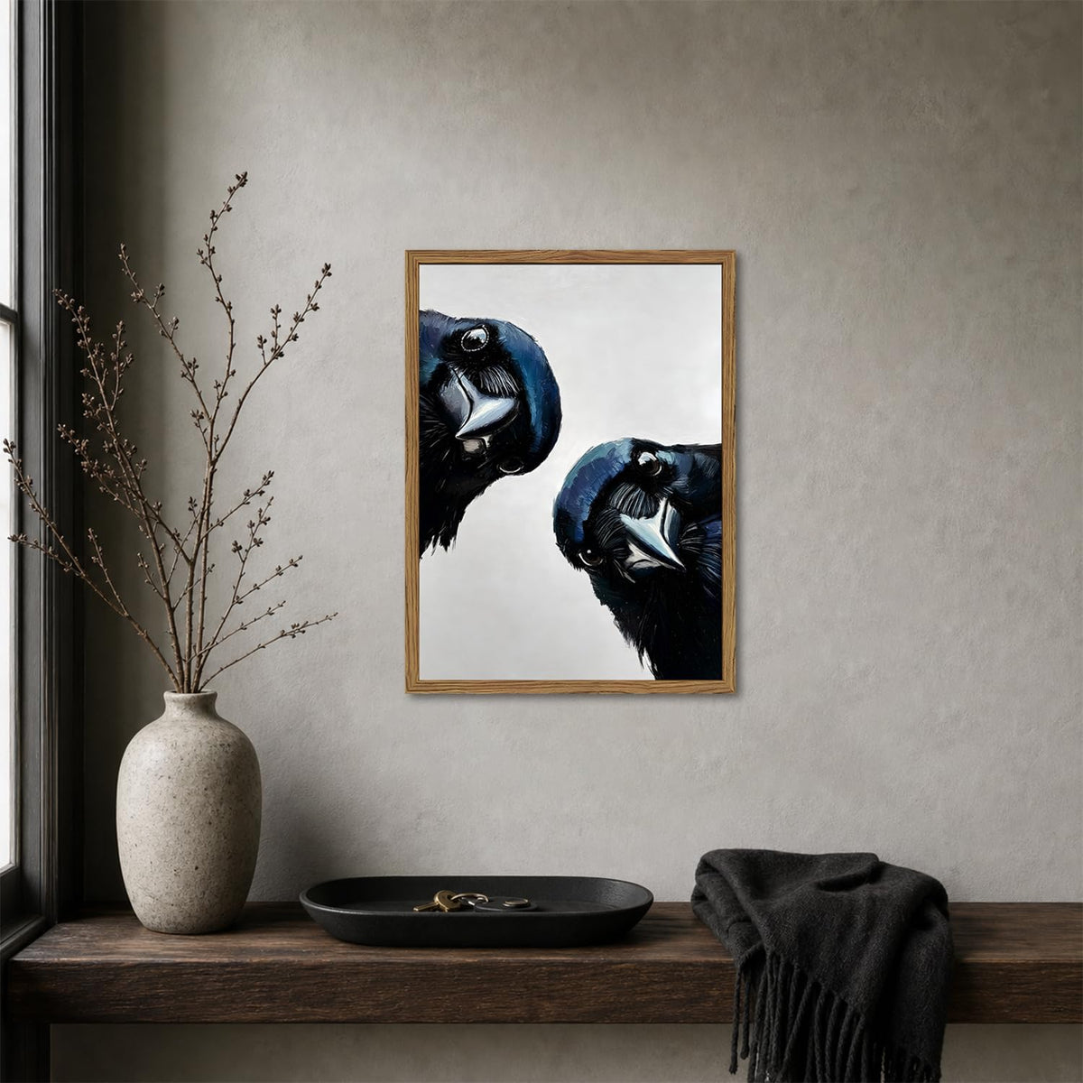 Funny Crow Wall Art Whimsical Black Bird Wall Decor Picture Gothic Raven Canvas Painting Print for Living Room Bedroom 12x16 inch Wood Framed (Animal-L / 16"L x 12"W)