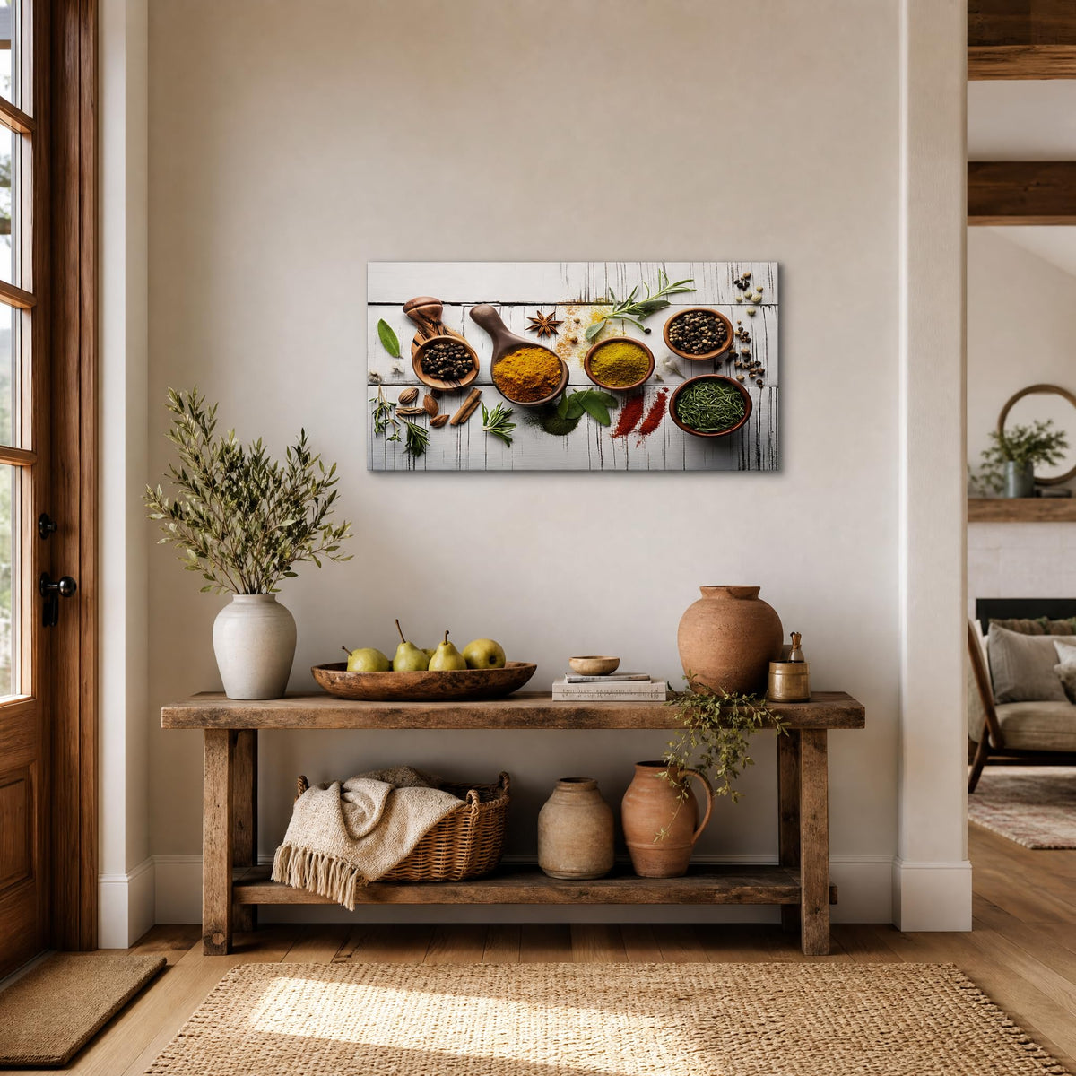 Vintage Culinary Spices Canvas Wall Art Turmeric Curry Herbs Painting Flat Print Gallery Wrapped Artwork for Living Room Bedroom Bathroom Decor (Retro / White Spice Arrangement 15 / 40"L x 20"W)