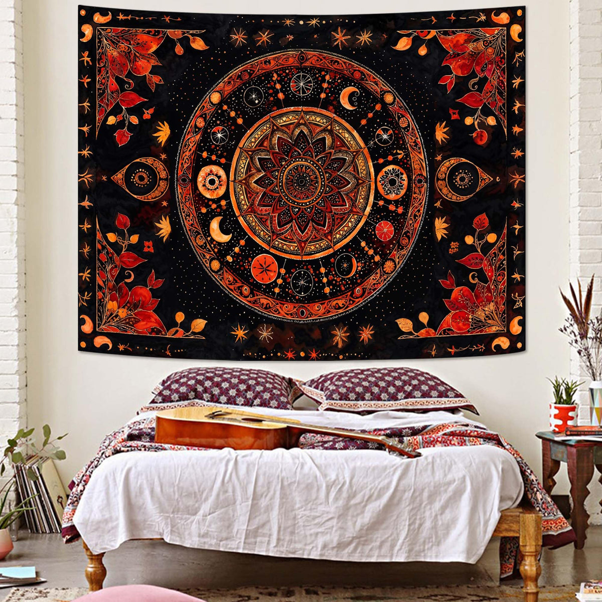 Mandala Moon and Stars Tapestry Boho Tapestry for Bedroom Black and Orange Tapestries Wall Hanging Living Room Wall Art and Home Decor 44x60 (60"L x 44"W / Red)