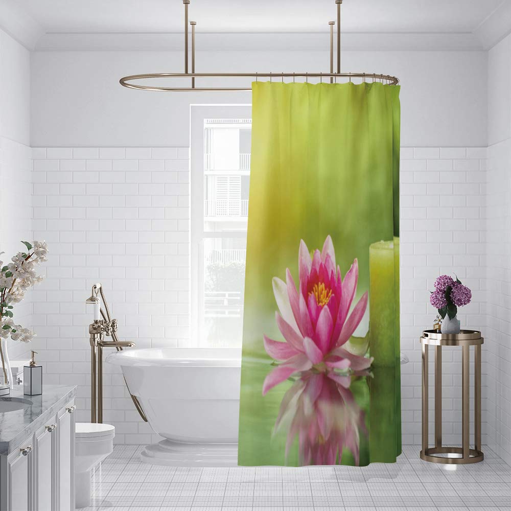 Spa Shower Curtain Pink Lotus and Green Candle Calm Relaxing Bath Curtain Waterproof Polyester Fabric Bathroom Decor Set with Hooks 72x72inch (72"W x 72"L (Pack of 1) / Green 05)