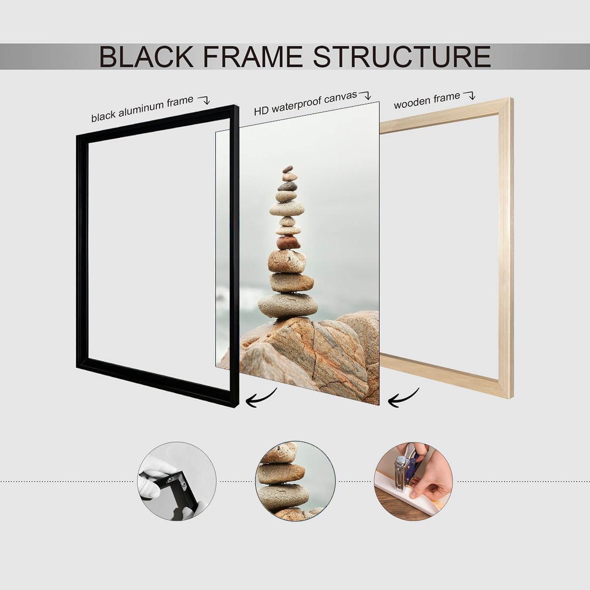 Tall Zen Rock Stack Wall Art (Black Aluminum Frame-7 / 16"L x 20"W)