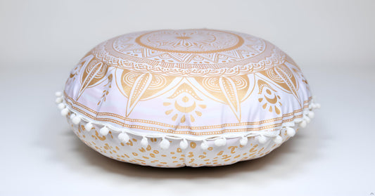 22" Round Mandala Comfort Meditation Floor Pillow Cover (22" / White Gold Trishul)