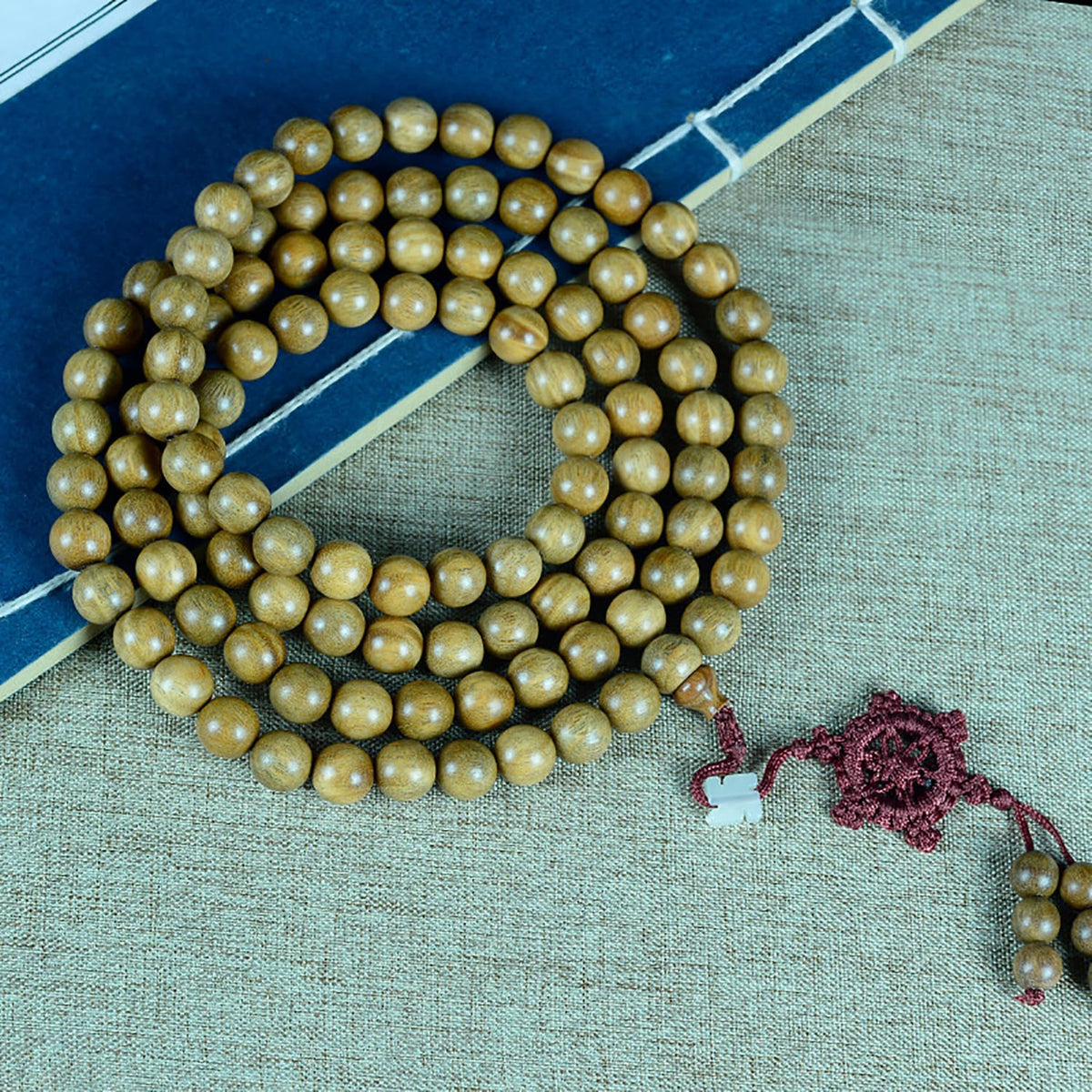 10mm Natural Green Sandalwood 108 Mala Beads Necklace for Men Buddhist Prayer Beads Bracelet with Dharmacakra (10mm Beads)