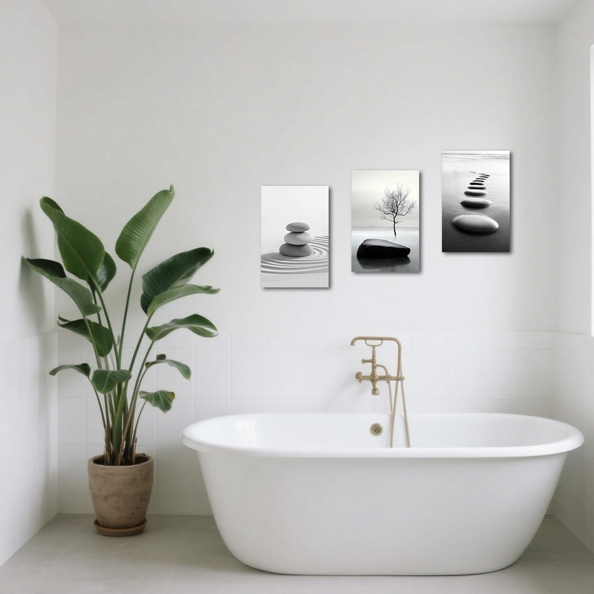 Black and White Zen Wall Art 3 Pieces Stones in Water Picture Canvas Print for Bathroom Spa Stone Painting Yoga Meditation Room Decor Framed (White / 12x16inchx3 Pieces)