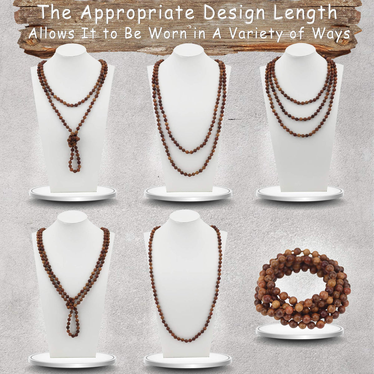 Fashion Natural Round Wood Beads 60'' Long Strand Art Deco Necklace for Women (B)