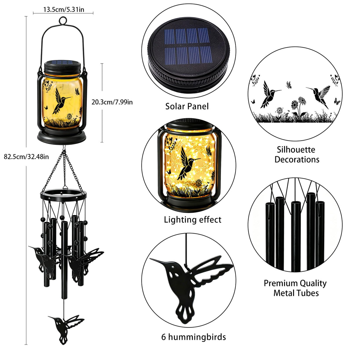 2 Pack Solar Hummingbird Wind Chimes for Outside (2 pack- hummingbird jar wind chime)