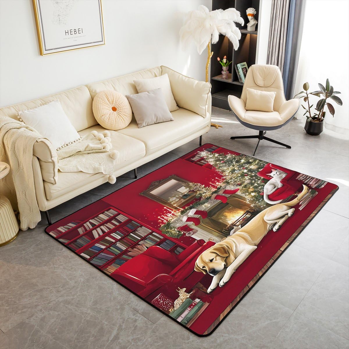 Merry Christmas Area Rug 3x5 Puppy Christmas Tree Rugs for Living Room (Red Green White / 3'3" x 4'11" (Rectangular))