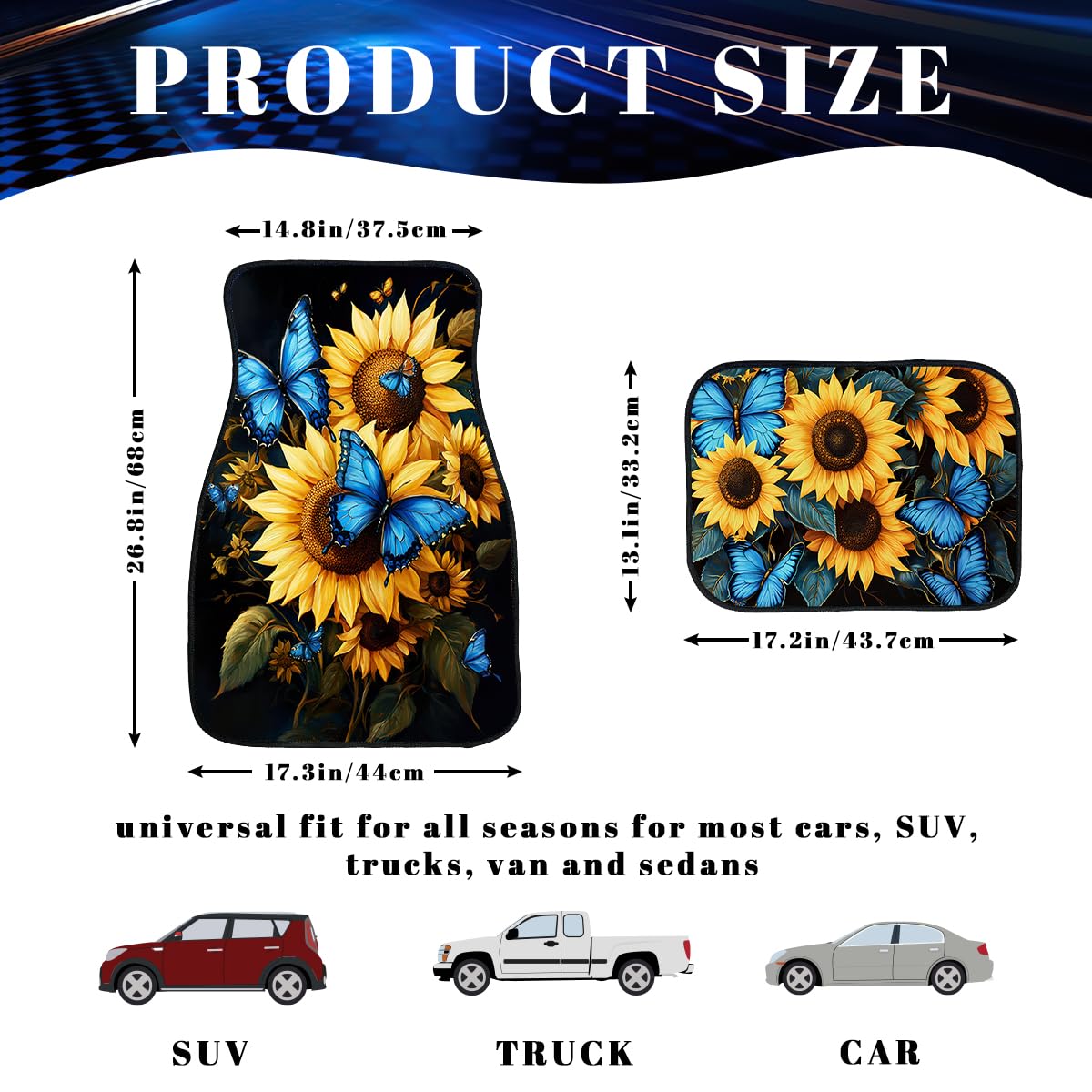 Sunflower Car Floor Mats Set of 4 Butterfly Blue Yellow Bright Color Carpet Front Rear Carpets Mat Non (26.8"L x 17.3"W x 0.4"Th / Sunflower)