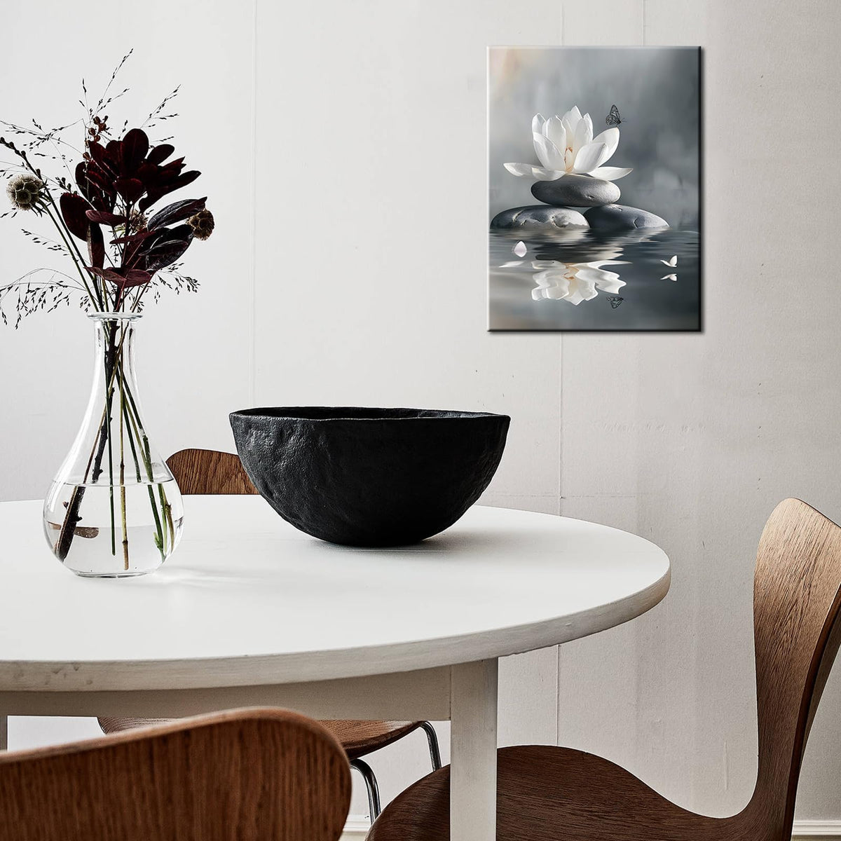 White Lotus Flower Zen Wall Art Spiritual Decor Meditation Yoga Spa Butterfly Art Prints for Yoga Meditation Room Decor Framed 16"x12" (16"L x 12"W)