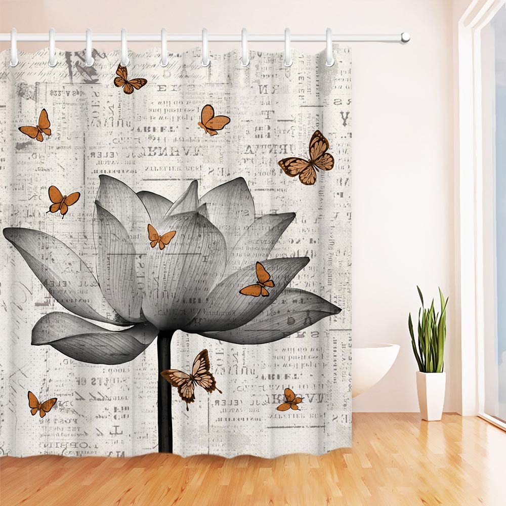 Lotus Shower Curtain Set Cloth Grey Flower and Butterfly Bath Curtain Zen Floral Bathroom Decor with Hooks 72"×72" Retro Newspaper Background (72"W x 72"L (Pack of 1))