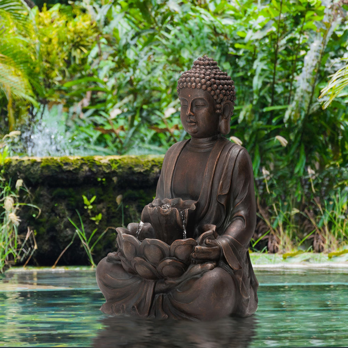Buddha Fountain with Pump & LED Light (Bronze Buddha W/Lotus Leaf&flower Basins / 28.25"H)