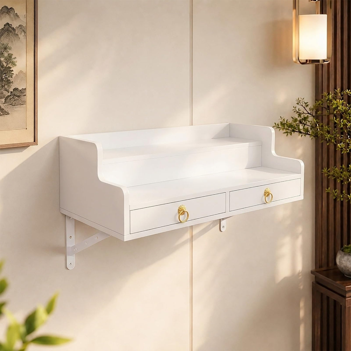 2 Tier Wall Mounted Buddha Altar Shelf with Drawer (White / 80CM/31.5IN)