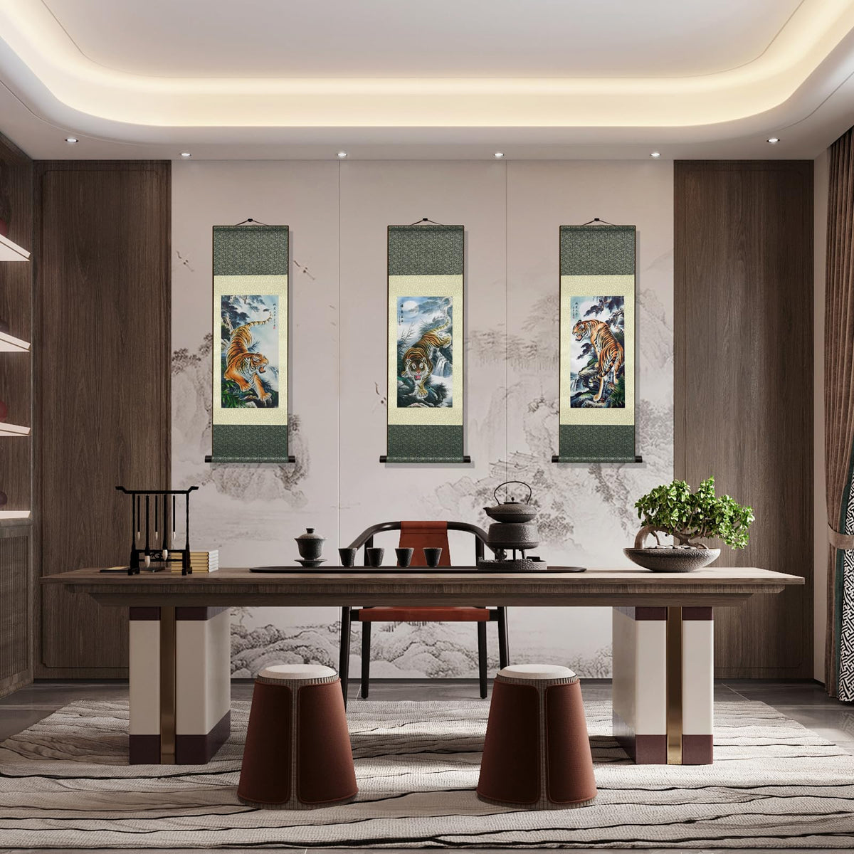 Zen Style Mountain Tiger Wall Art Silk Scroll Roaring Tiger Posters with Waterfall Backdrop Traditional Chinese Art Home Office Hotel Lobby Spa Room Decor 36x12 Inch (HJ-L003)