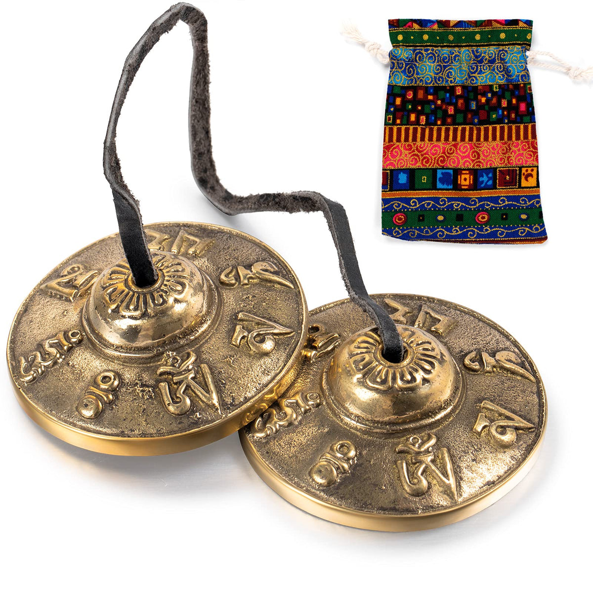 Tingsha Meditation Bell with Bag (Om Mane Padme Hum Symbols Embossed)