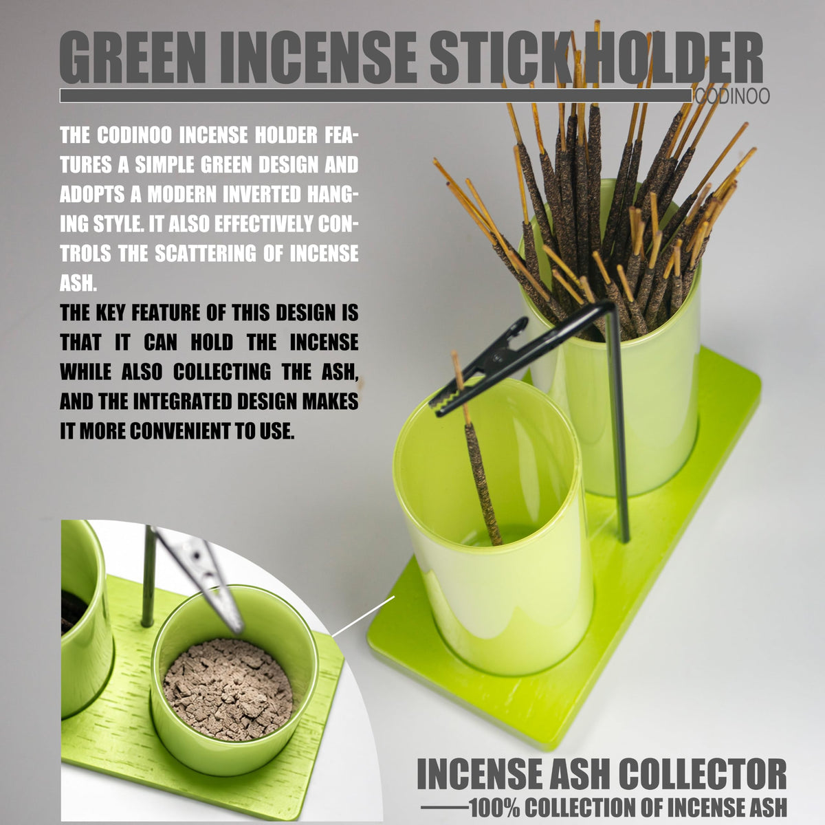 2 in 1 Incense Holder for Sticks (Solid Apple Green / 2 tall glass)