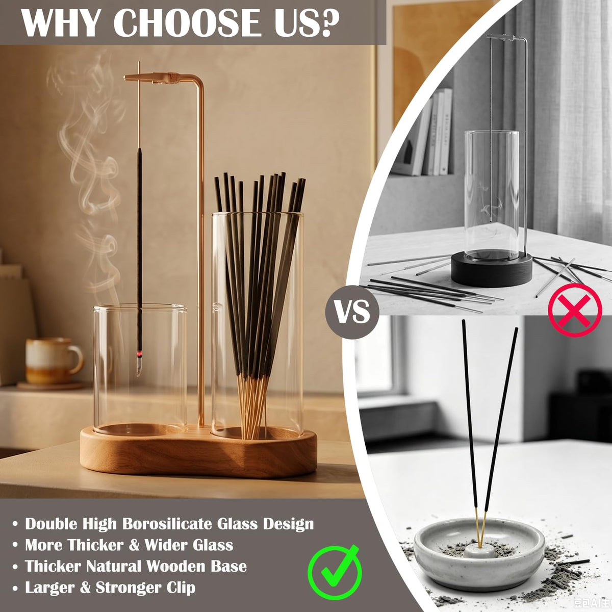 2 in 1 Incense Holder for Sticks with Glass Ash Catcher (Standard wide cup)