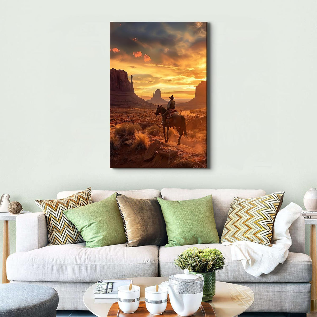 Large Sunset Cowboy Wall Art Grand Canyon Mountain Picture for Men Office Home Decorations (24"L x 36"W / ZRCB13)