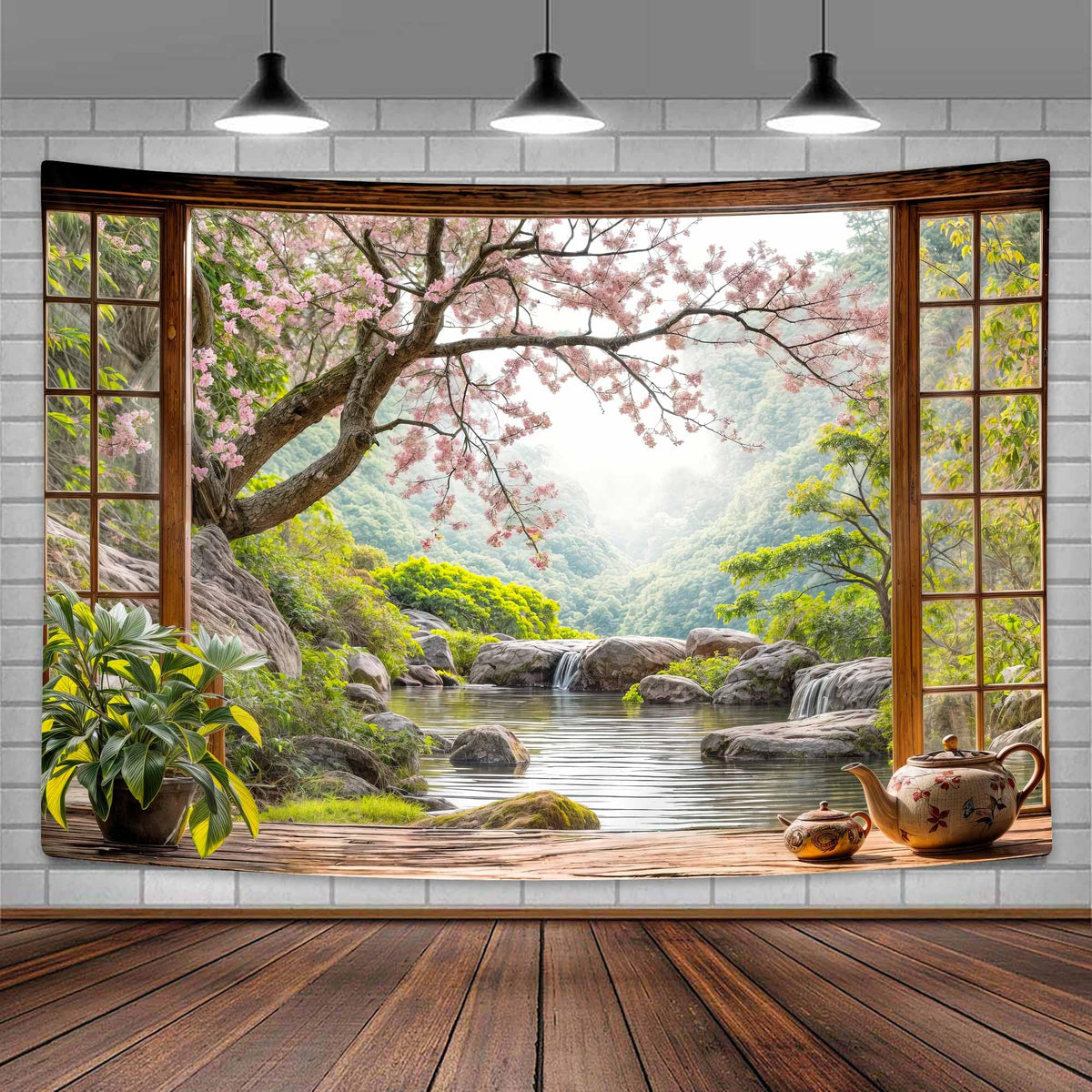 Japanese Scenery Window View Tapestry (Pink / 40"L x 60"W)