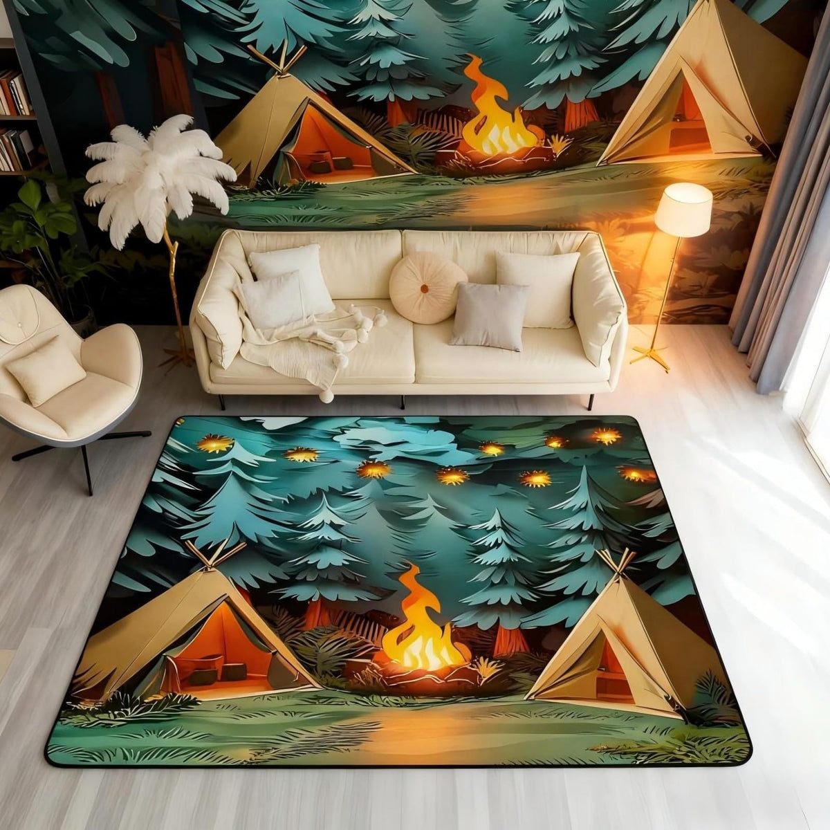 Camping Area Rug 3x5 Woodland Camp Vintage (Brown Green / 3'3" x 4'11" (Rectangular))