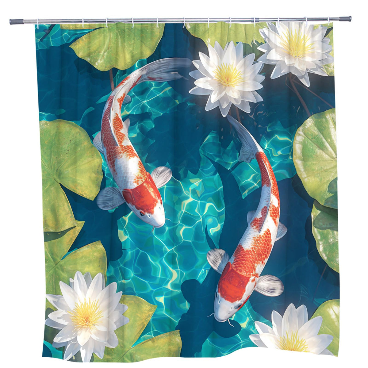 Japanese Fishes Shower Curtain Asian Carp Lotus Floral 108 x 70 in (Blue Green White / 275x180cm/108x70in)