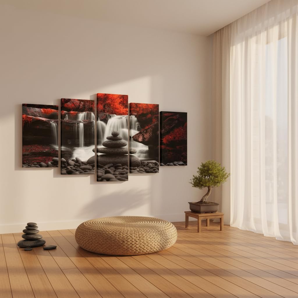 Black White Red Landscape Print Artwork for Living Room Red Tree Canvas Autumn Wall Art Zen Stones Waterfall Painting Picture Wall Decor Framed Ready to Hang (50"L x 24"W)