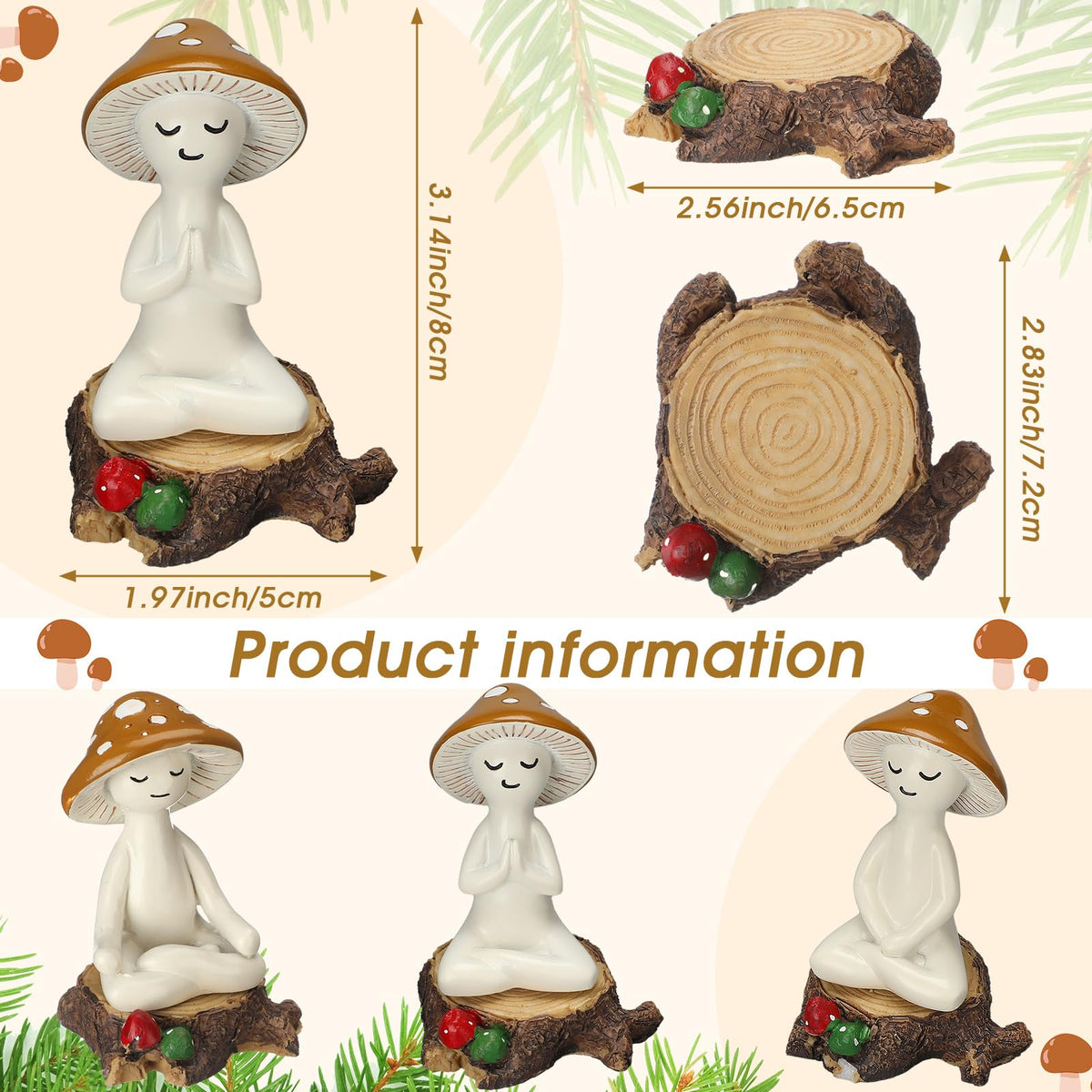 3 Pcs Meditation Mushroom Statue with Stump Resin Figurine (Mushroom with Stump)